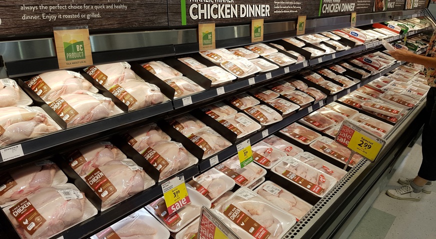 Chicken poultry meat shelves in Canadian supermarket