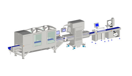 Tray packaging and sealing line